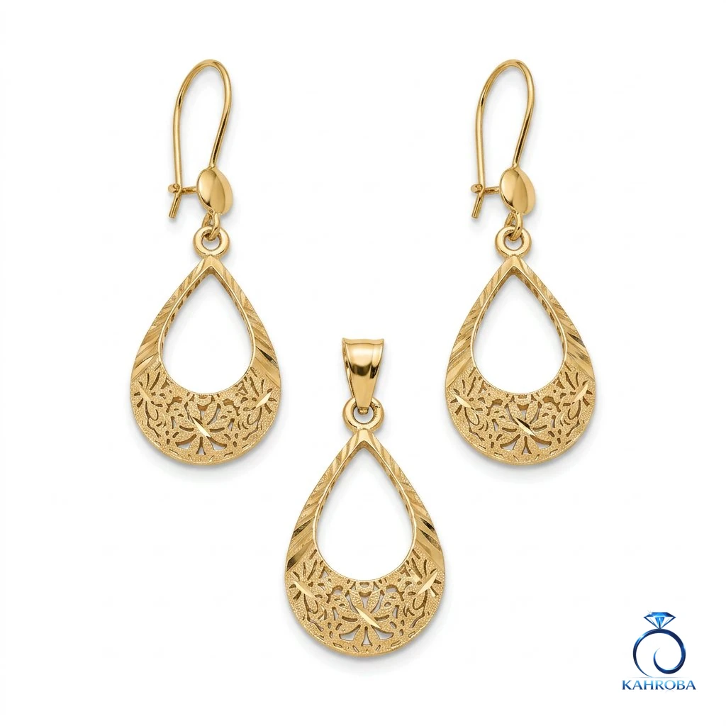 kahrobagold-filigree-teardrop-gold-set-01-full-set-logo گوشواره و مدال آوا - تصویر 1